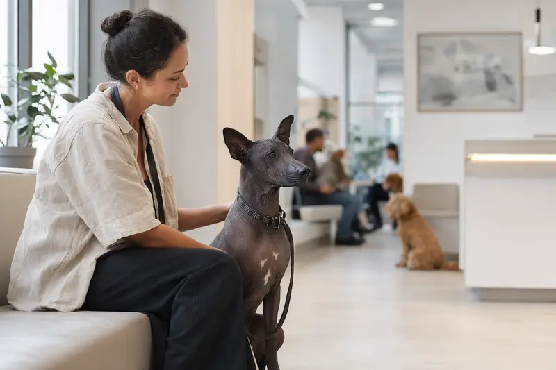 Ein Peruanischer Nackthund sitzt ruhig neben seinem Besitzer im hellen Wartezimmer einer modernen Tierarztpraxis.